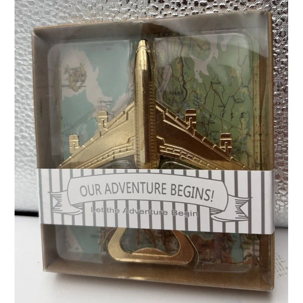 Our Adventure Begins Gold Airplane Bottle Opener Travel Wedding Favor New